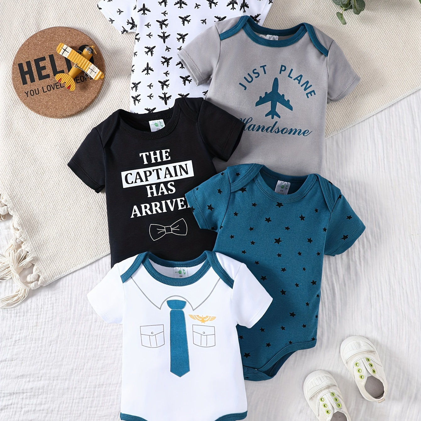 

5pcs Baby's Cartoon Airplane Pattern Cotton Triangle Bodysuit, Casual Short Sleeve Romper, Toddler & Infant Boy's Clothing