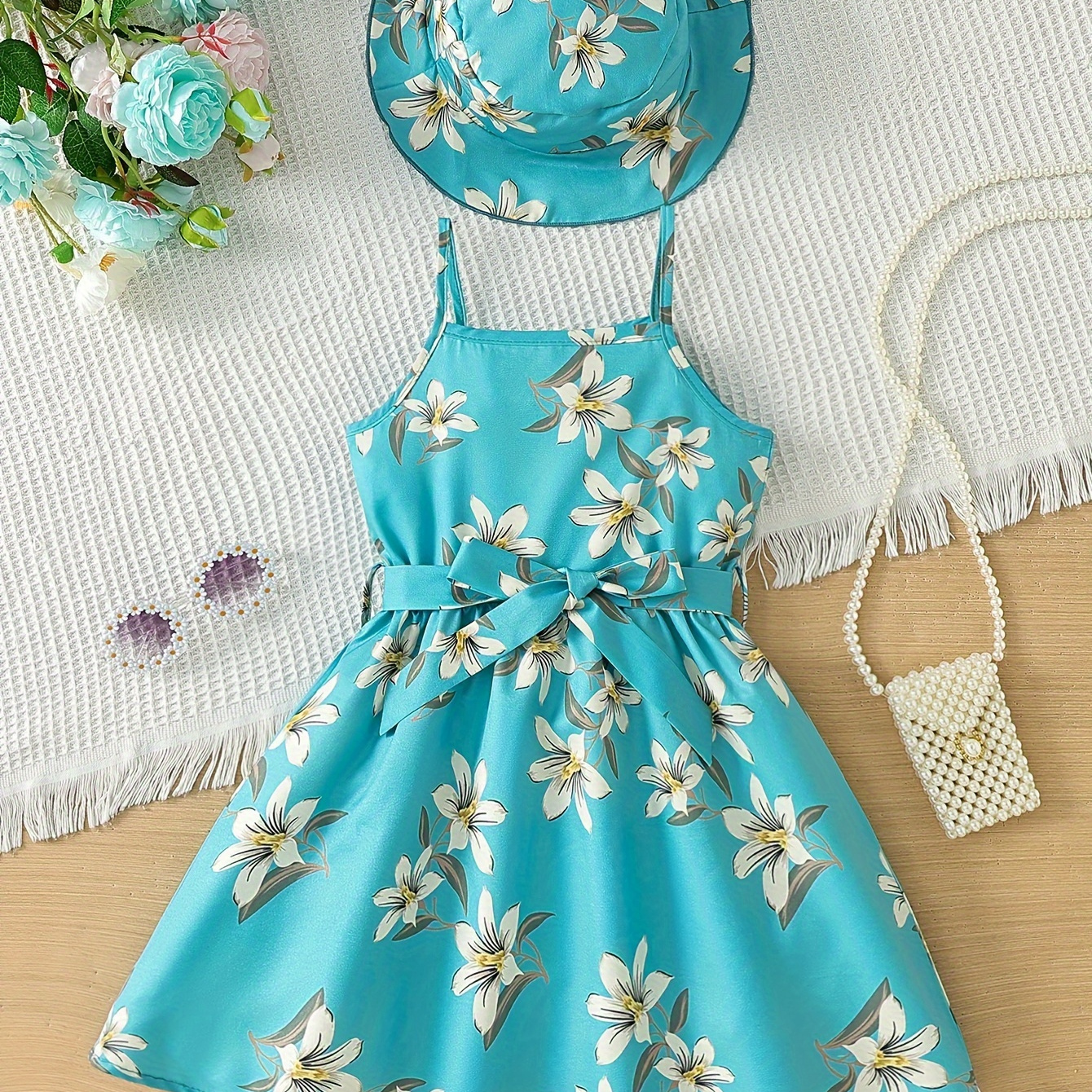 

Girl Blue Flowers Print Casual Slip Dress + Hat - Ideal For Holiday Summer Gift