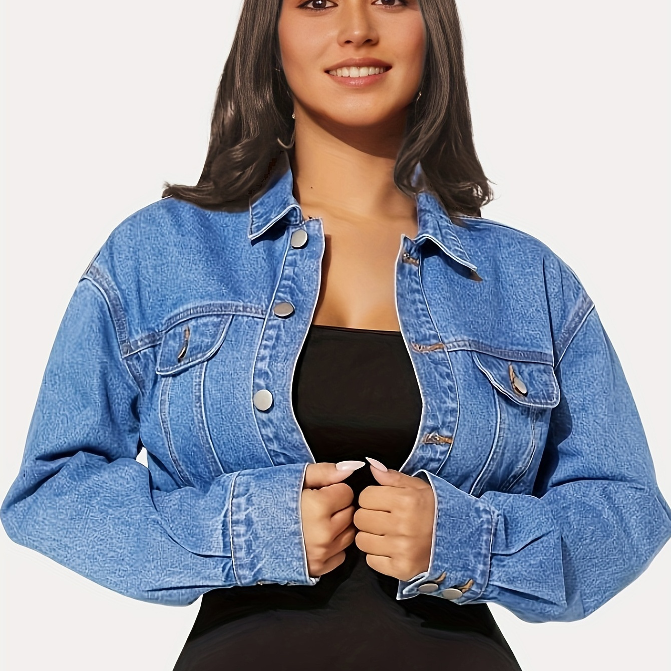 

Single-breasted Long Sleeve Collar Denim Jeacket, Drop Shoulder Flap Design Crop Denim Coat, Women's Denim Jeans & Clothing