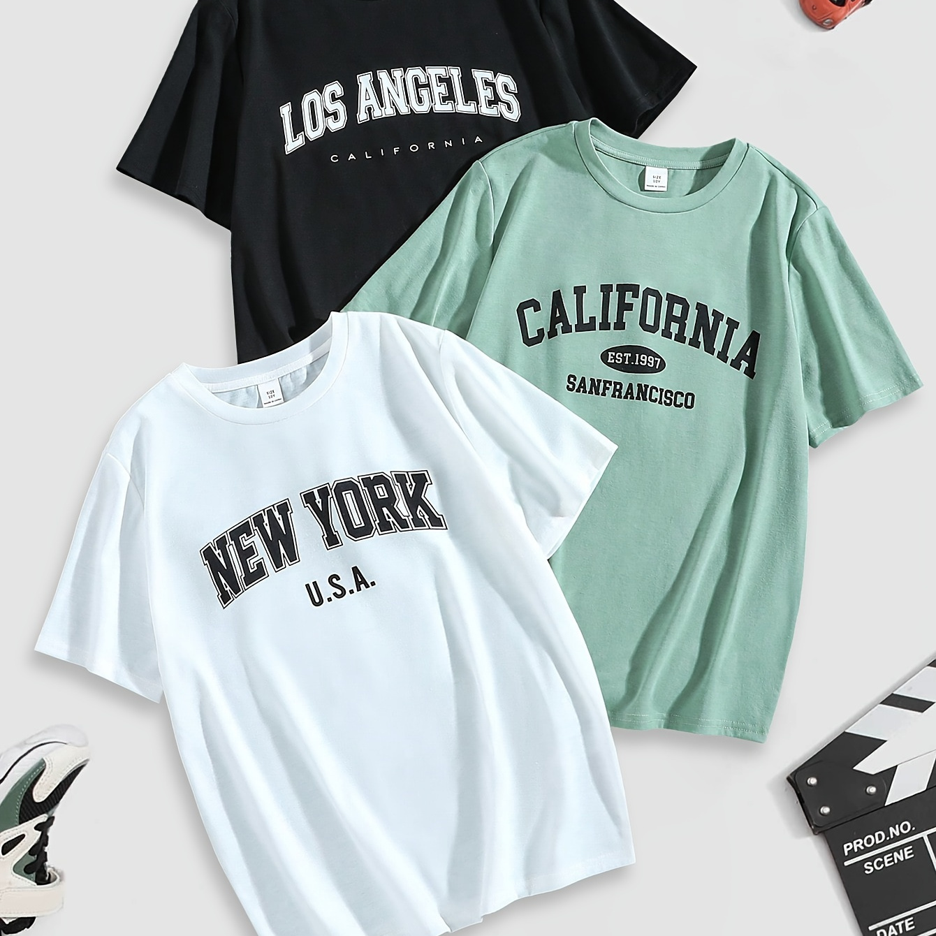 

3pcs Los Angeles&new York&california Letter Print Boys Casual Short Sleeve T-shirts - Comfortable & Stylish Tops For Summer - Ideal Gift For Your Fashionistas