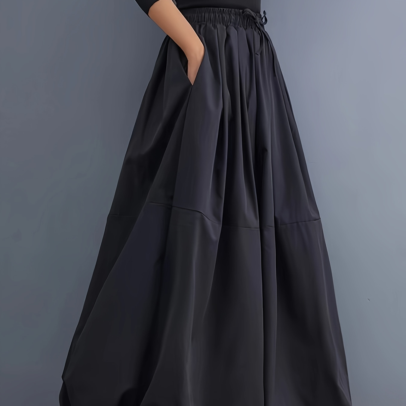 

Women's Elegant Black Maxi Skirt - Solid Color, A-line Silhouette With Pockets, Polyester, Machine Washable, Ideal For Spring/summer