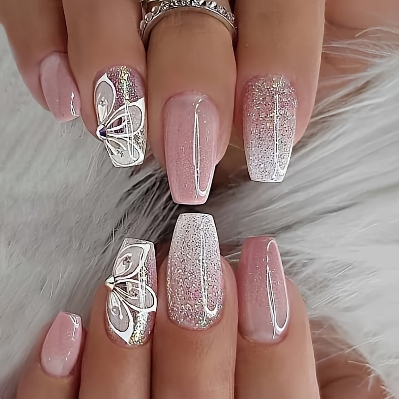 

Y2k Short Square False Nails, Fashion Ballerina Fake Nails With Glitter Design, Gradient Press On Nails, Acrylic Nails For Women And Girls