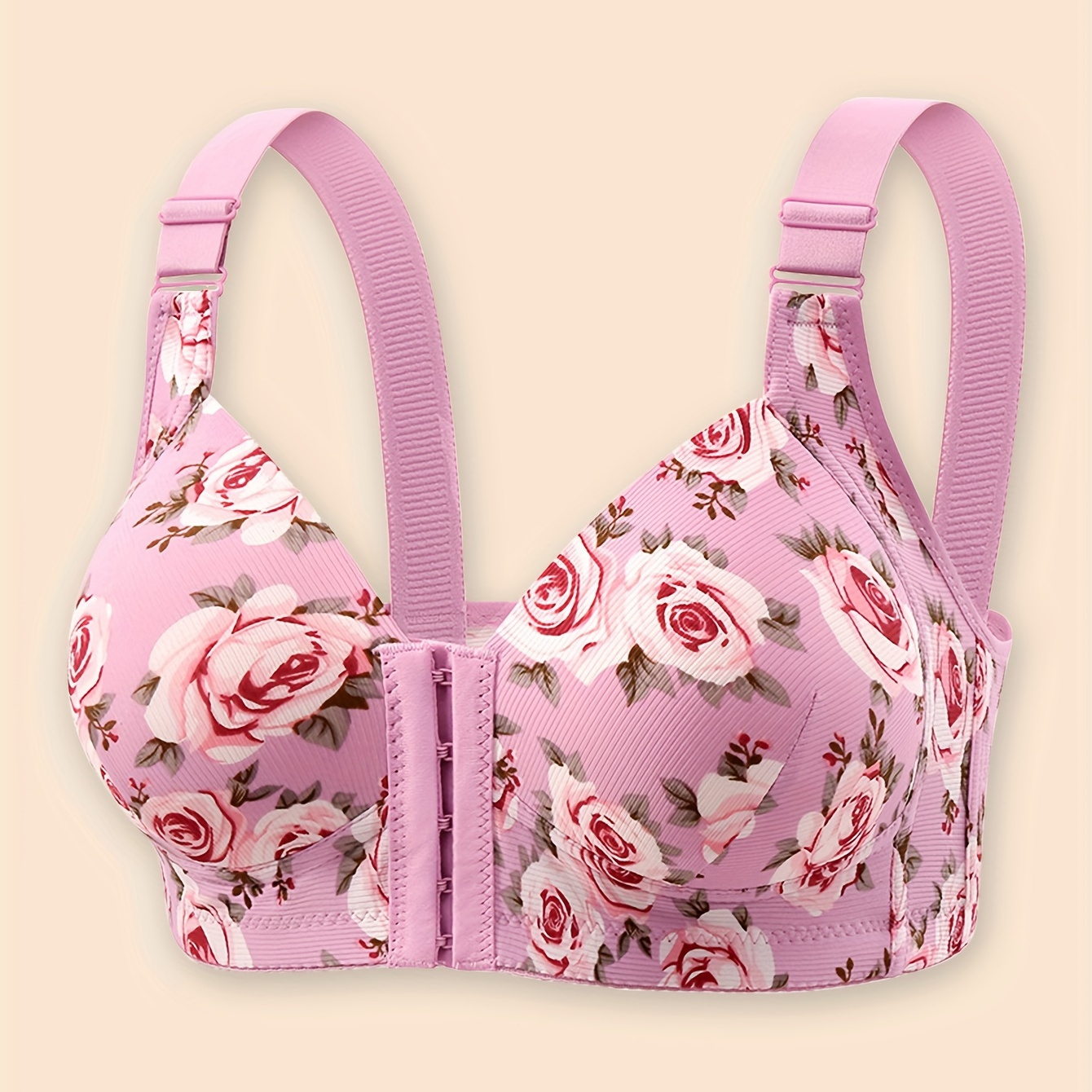 

Women's Floral Print Push-up Bra - Comfortable Front Clasp, Adjustable Shoulder Straps, Wireless, Elegant Lace Detail, Polyester And Elastane