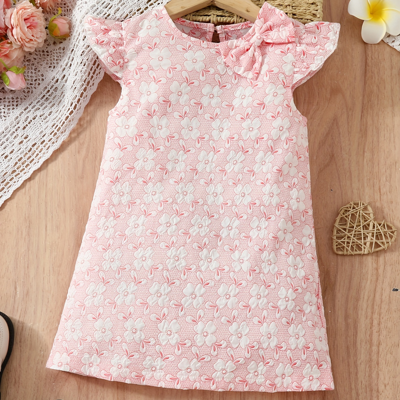 

Sweet Flower Bunny Graphic Flutter Trim Sleeveless Dress For Girls Spring Summer Party