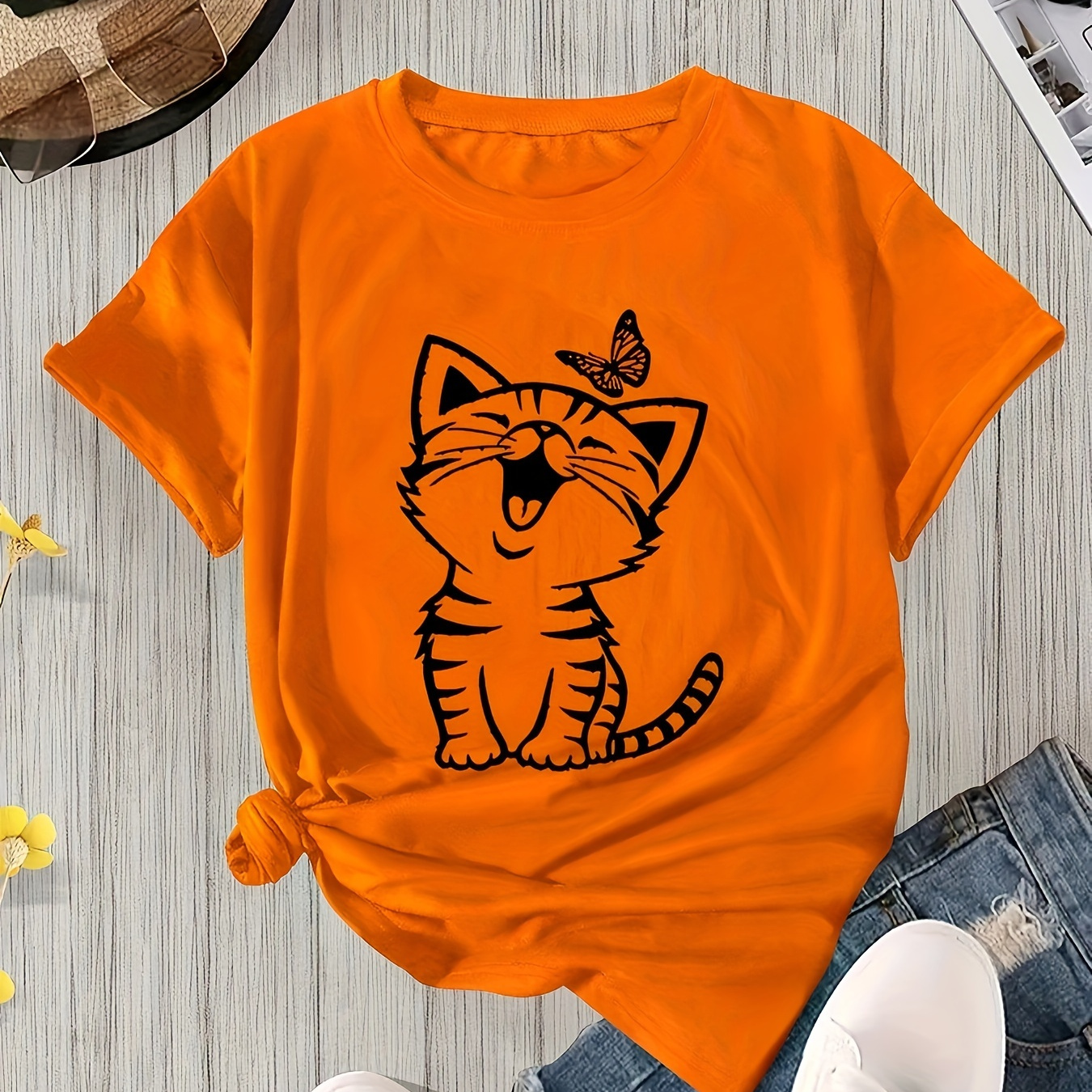 

& Graphic Tee For Women - Casual Trendy Style, Round Neck, Short Sleeve, 100% Polyester, Machine Washable, Vibrant Orange