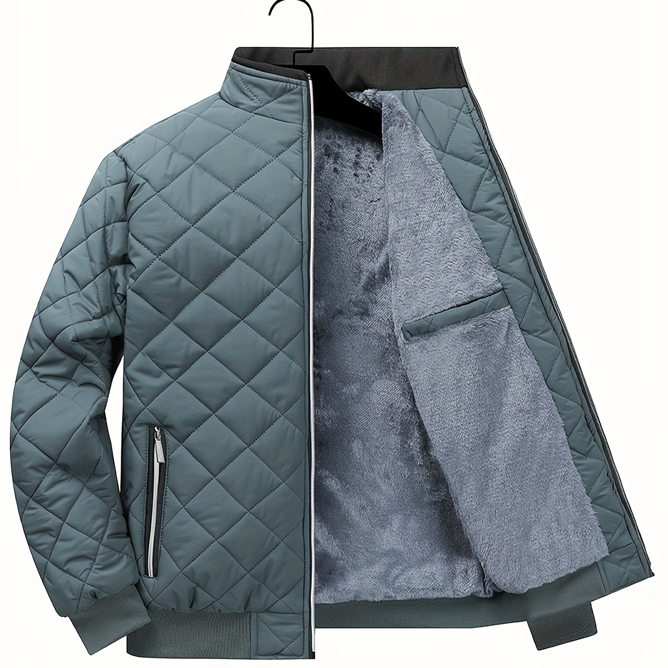 

1pc Men's Casual Quilted Jacket With Fleece - Solid Color, Polyester, Stand Collar, Regular Fit, Zippered Front, Woven Fabric, Non-stretch - Sports Outerwear For Fall/winter