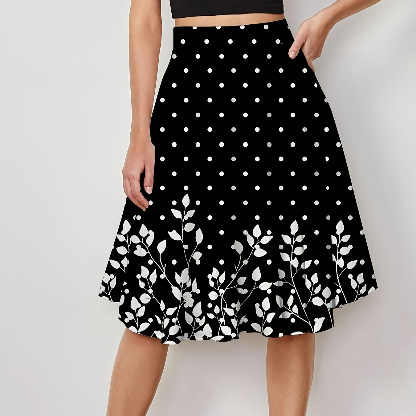 

Print Polka Dot Floral Print A-line Midi Skirt With Elastic Waist, Woven Polyester - Machine Washable, Floral Print, Knee-length