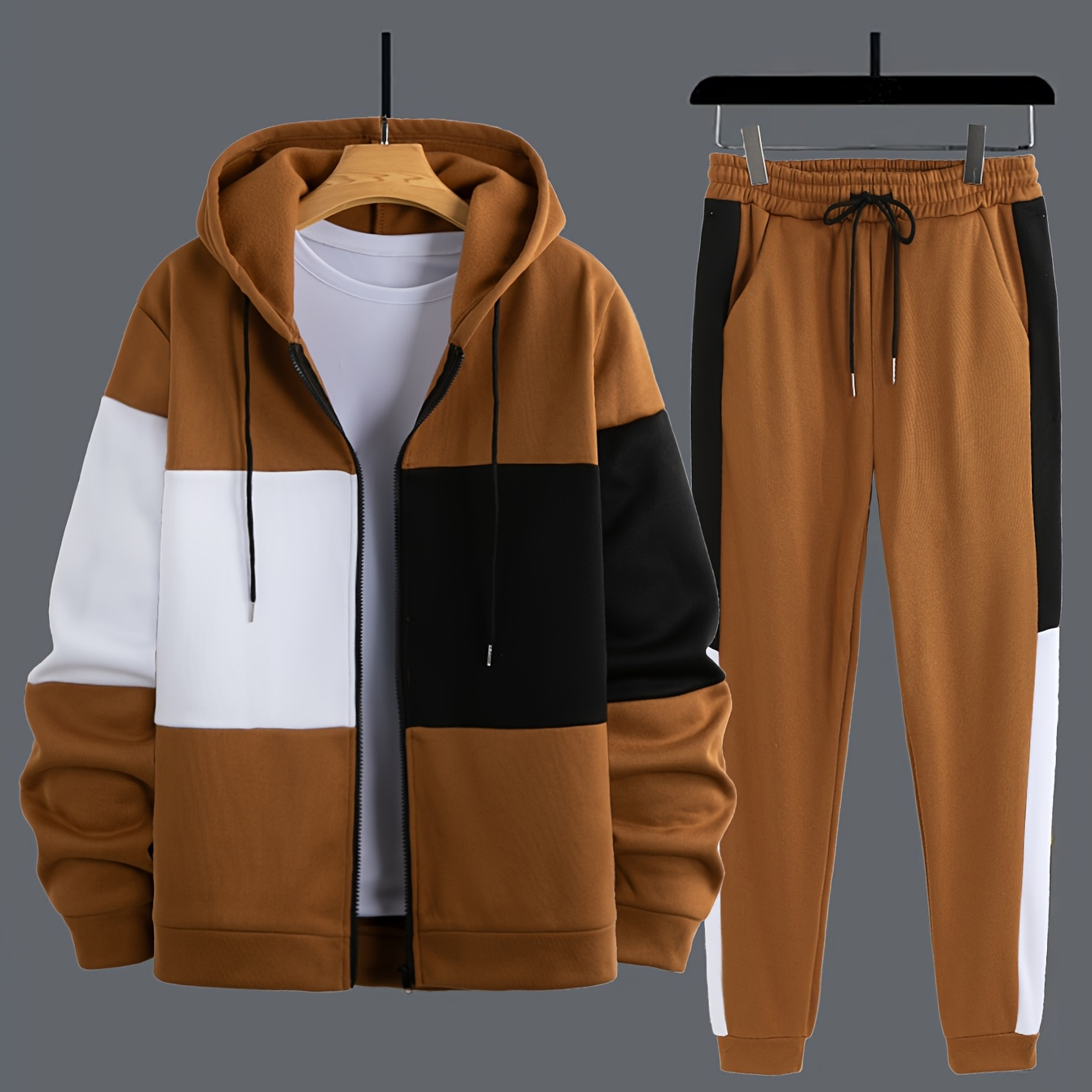 

Men's Casual Hooded Patchwork Tracksuit Set, Polyester Knit Fabric, Regular Fit, With Medium Stretch, For Fall/winter - Universal Hoodie And Joggers Combo