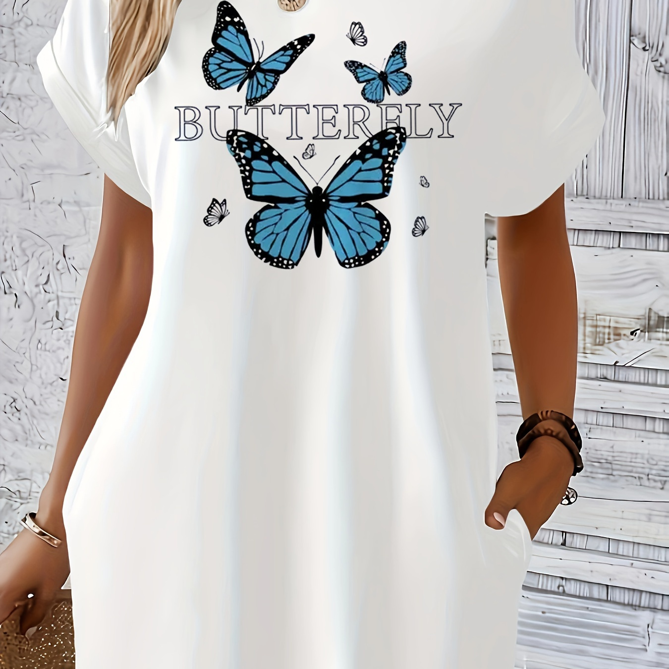 

Butterfly Print Crew Neck Dress, Casual Short Sleeve Loose Dress For Spring & Summer, Women's Clothing
