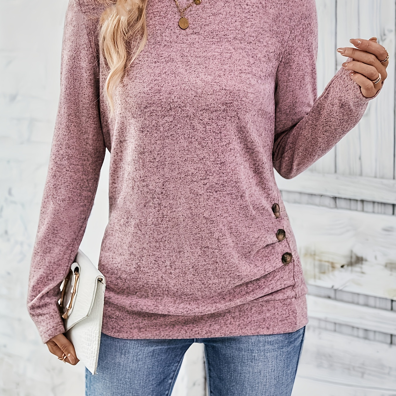 

Women's Casual Polyester T-shirt With Round Neck, Elastane, Machine Washable, Zipper Detail, Knitted Fabric, Medium Stretch, Solid Color, Autumn/winter