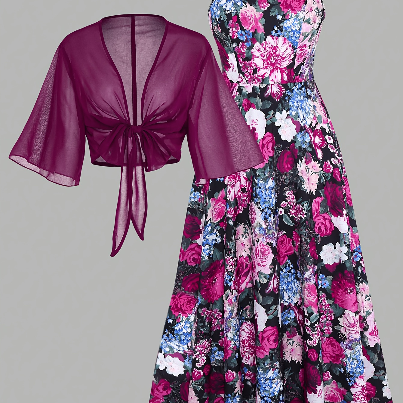 Plus Size, Plus Size Women's Outfit Set: Floral Print Camisole Dress + Chiffon Shawl Outerwear, 2pcs Set for Spring/Summer Wear