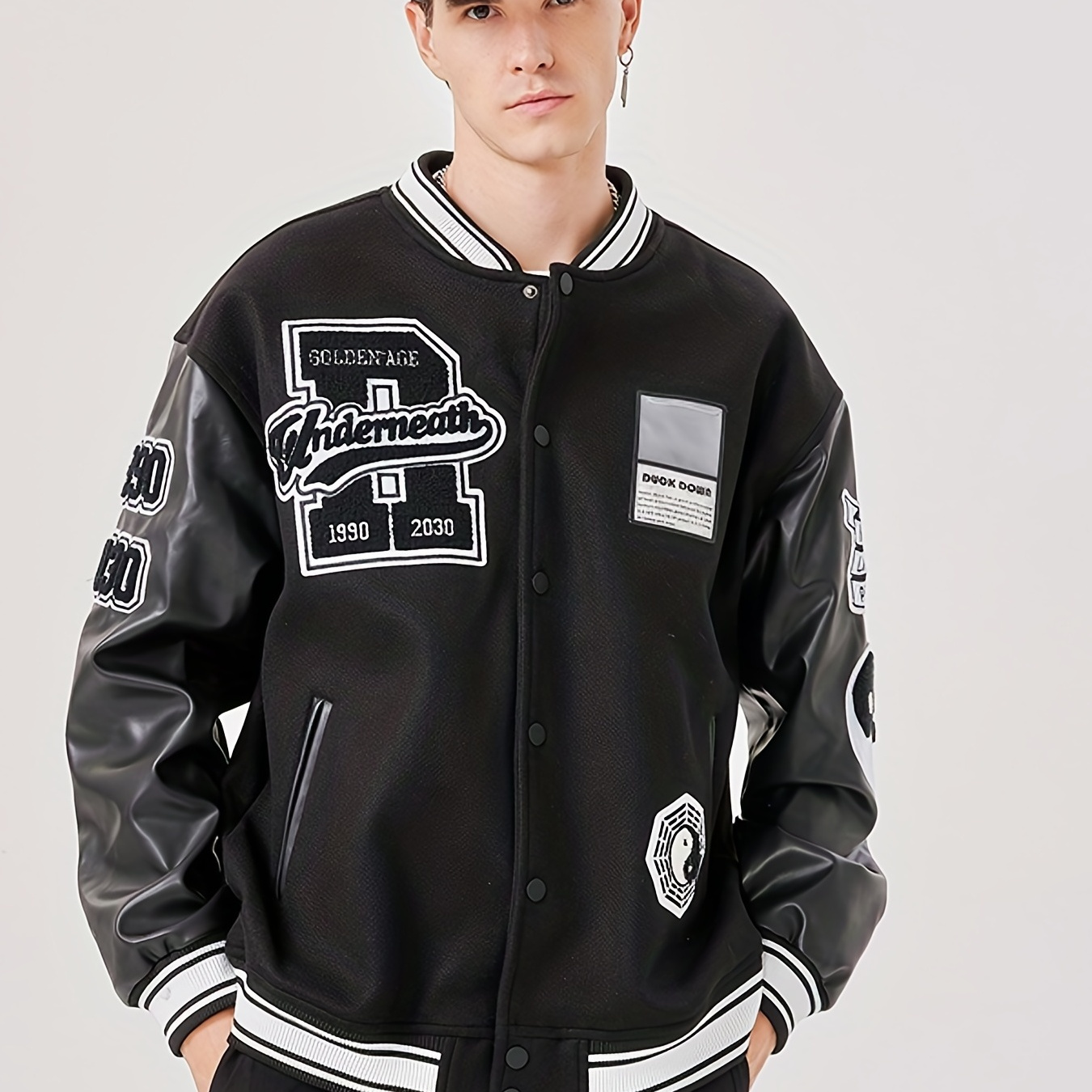 Mens Designer Varsity Jackets High Street Multi Patches Mixed Leather  Varsity Blouson Button Baseball Jacket Casual Streetwear Outerwear Coats  From Weijin1987, $71.64