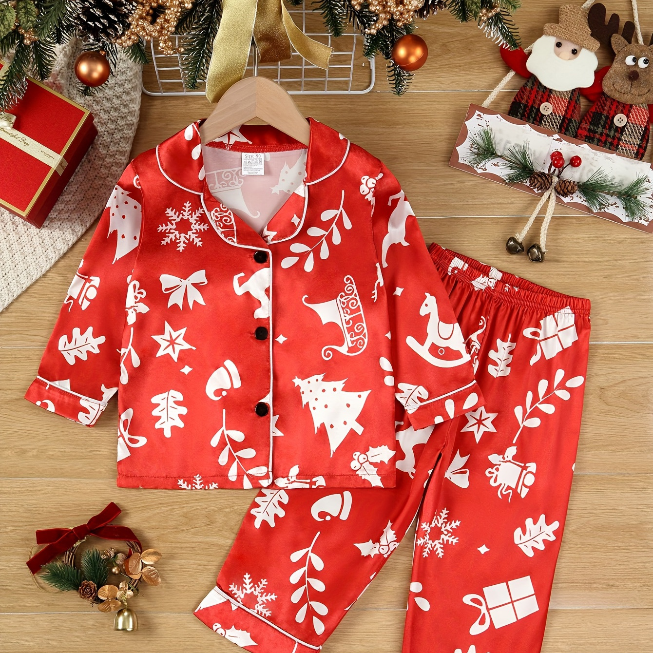 

2 Pcs Girl's Elegant Ice Wear Set, Christmas Element Print Suit Collar Long Sleeve & Long Pants, Comfy & Skin-friendly Set, As Daily Gift