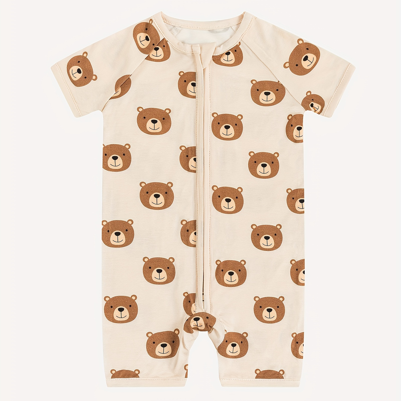 

Infant Unisex Bamboo Fiber Short Sleeve Zippered Romper With Cute Bear Print, Soft And Comfortable One-piece Bodysuit For Babies