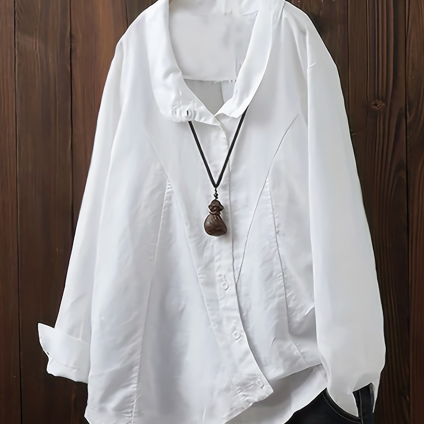 Plus Size Casual Blouse, Women's Plus Solid Button Up Long Sleeve Turn Down Collar Blouse