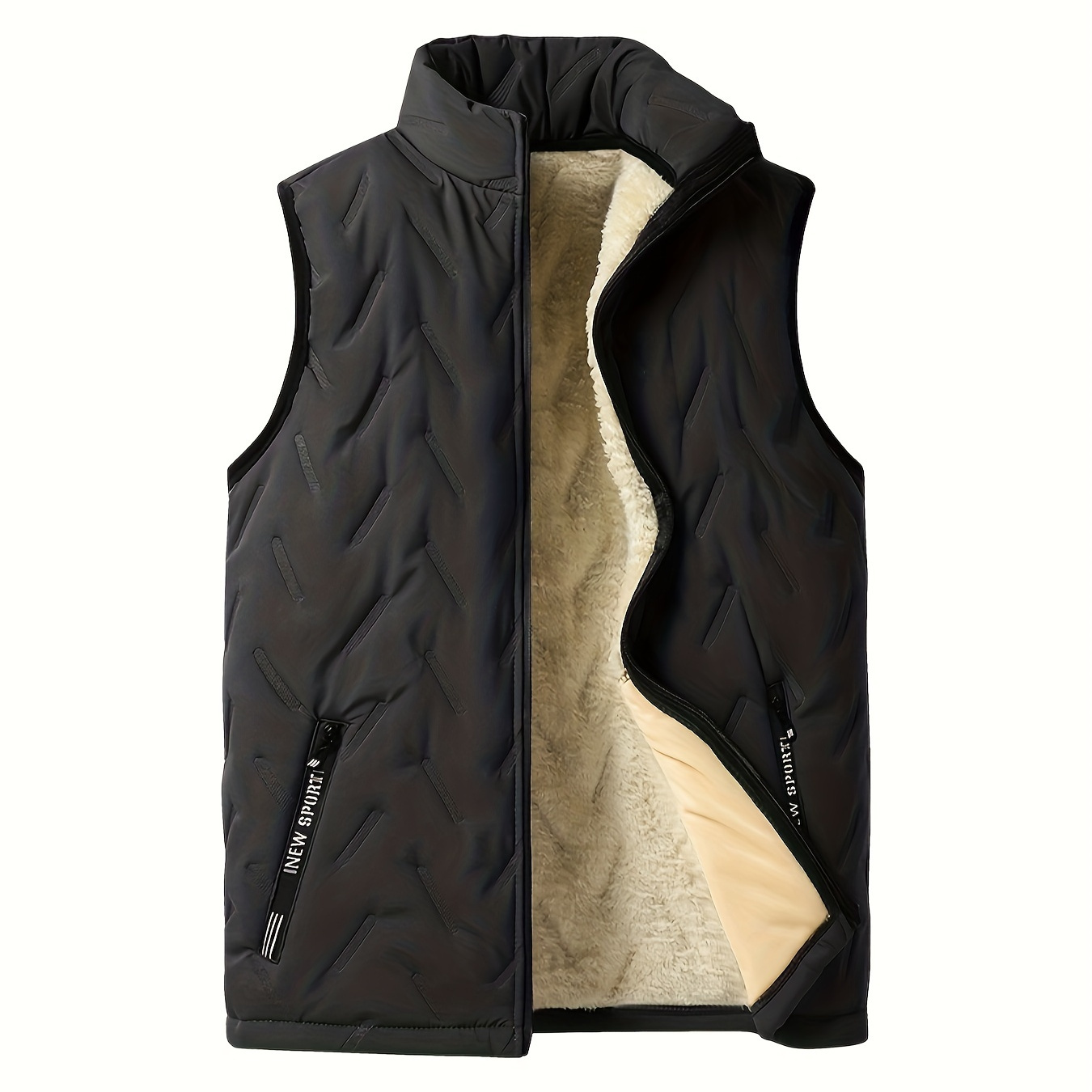 

Men's Casual Fleece-lined Vest - Sleek Black With Quilted Geometric Pattern, Warm Polyester Zip-up Jacket With Stand Collar And Pockets For Fall/winter