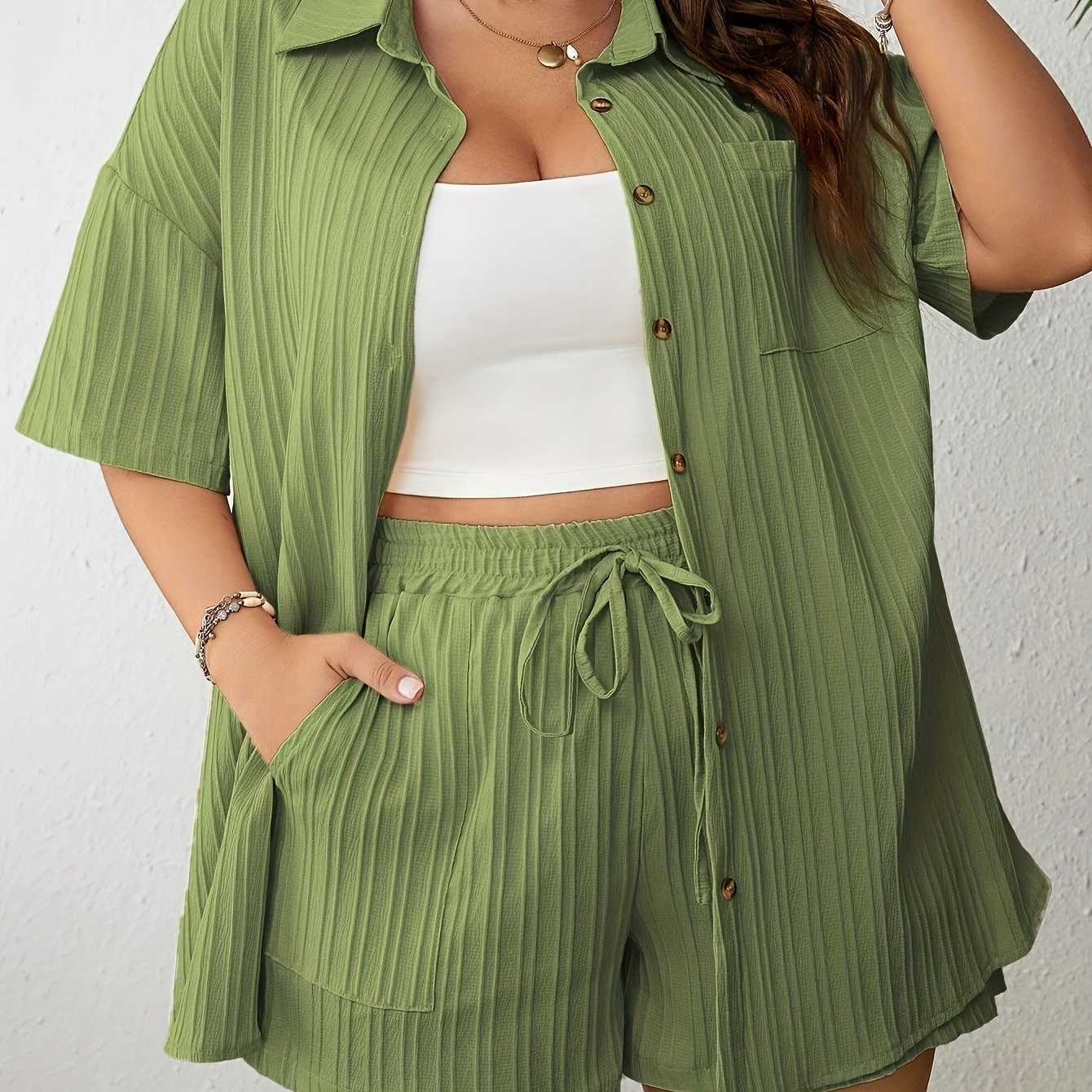 

Plus Size Casual Solid Color Textured Shorts Set, Button Front Short Sleeve Shirt & Tie Waist Pocket Shorts Outfits, Women's Plus Size Clothing