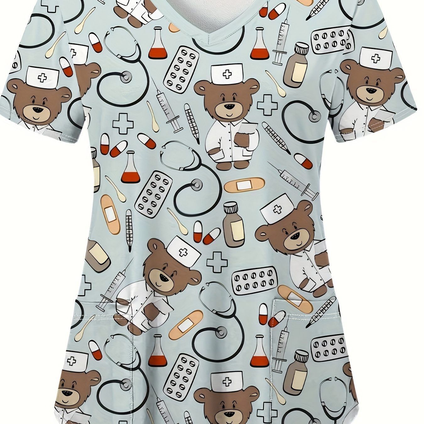 

Cartoon Bear Doctor Pattern Print, Women's Nurse Work Uniform, Women's V-neck Short-sleeve Nurse Top, Made From Comfortable Fabric.