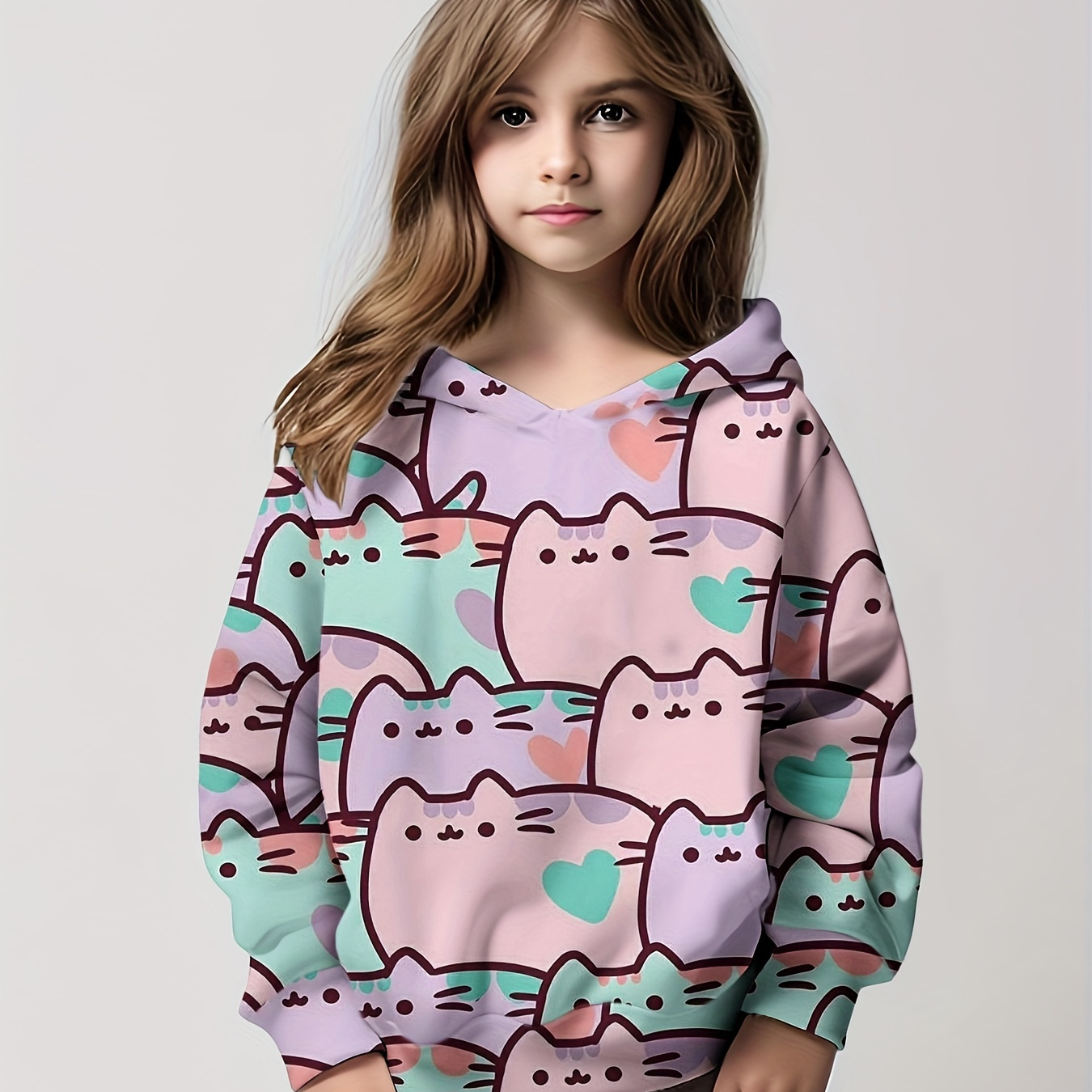

Kid/ Teen Girls Cartoon Cats Pattern Comfy Versatile Hooded Sweatshirt Top For Street & Fashion Look, Fall/ Winter Outfit