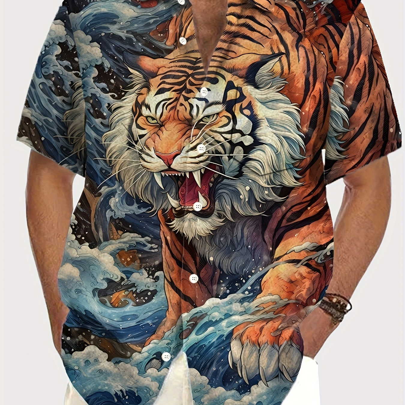 

Anime Tiger And Clouds Graphic Print Men's Chic Short Sleeve Button Down Shirt For Summer Holiday