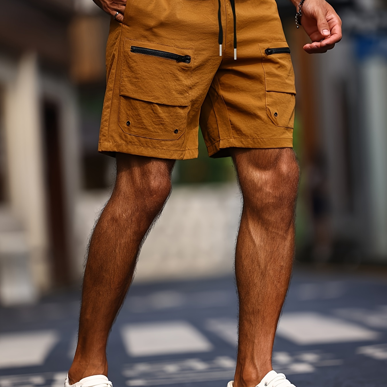

Solid Cargo Men's Casual Shorts With Multiple Zipper Pockets, Summer Outdoor Work, Bermuda Shorts