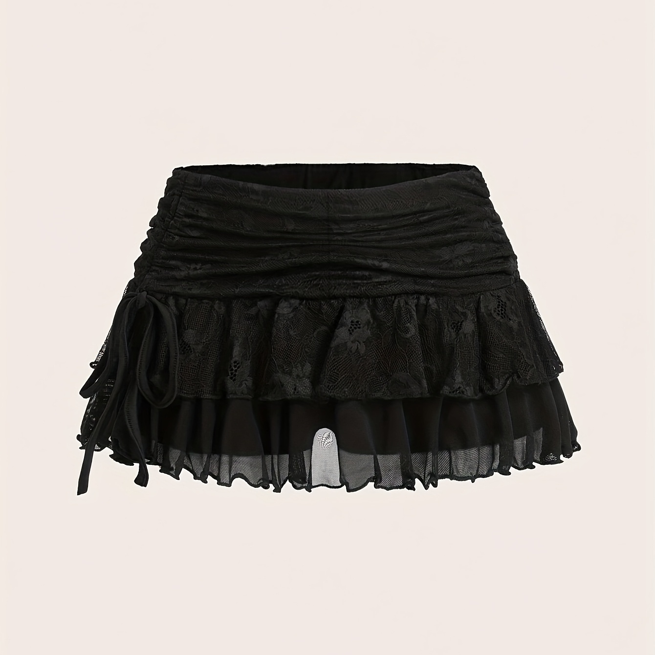 

1pc Y2k Style Women's Lace Patchwork Ruched Skirt, Solid Color Polyester Spandex , Knit Fabric Puffy Skirt