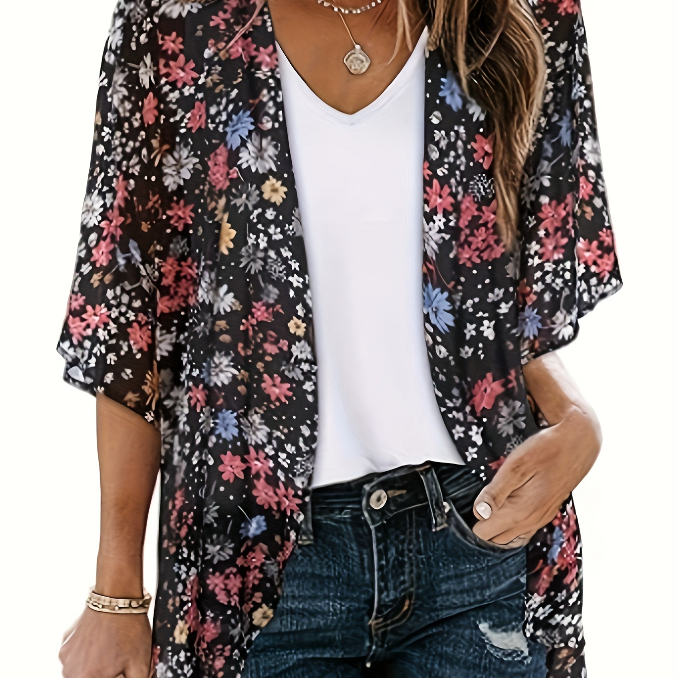 

Women's Floral Print Kimono Cardigan, Elegant Fashion Open Front Loose Cover-up Casual Shirt Top, Versatile Style For Beachwear & Everyday Use