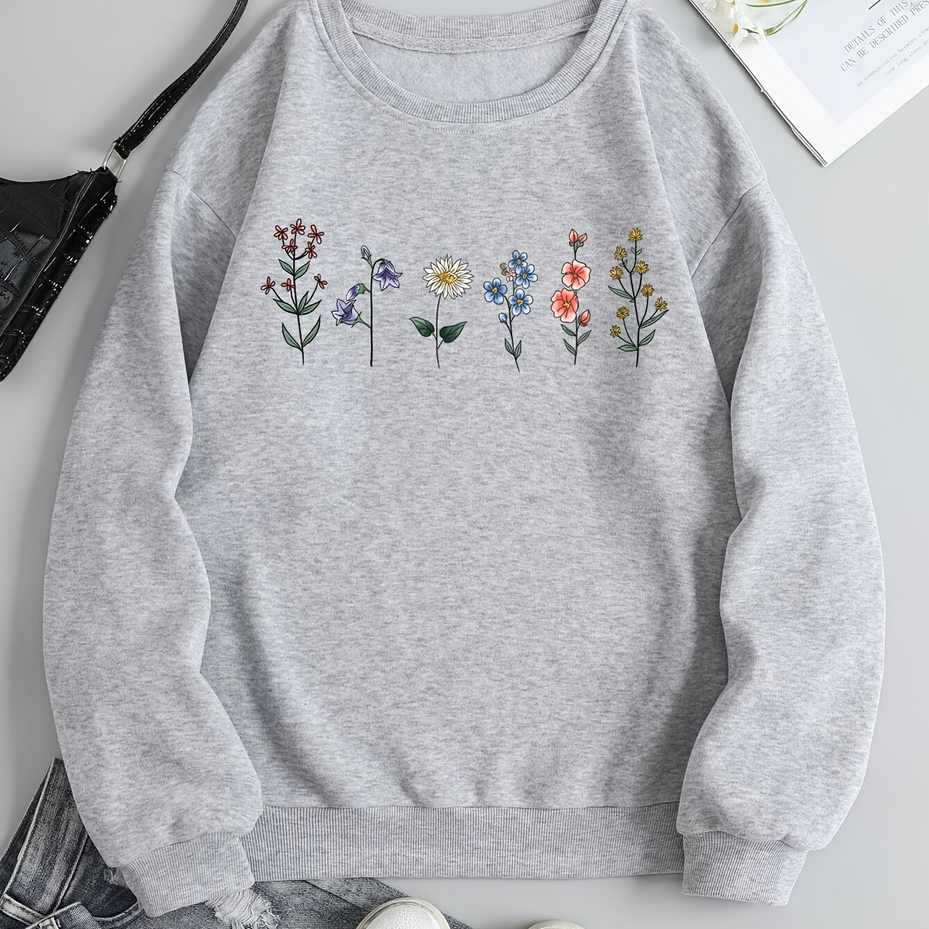 

Cute Flower Print Crew Neck Sweatshirt, Versatile Drop Shoulder Long Sleeve Loose Top, Women's Clothing