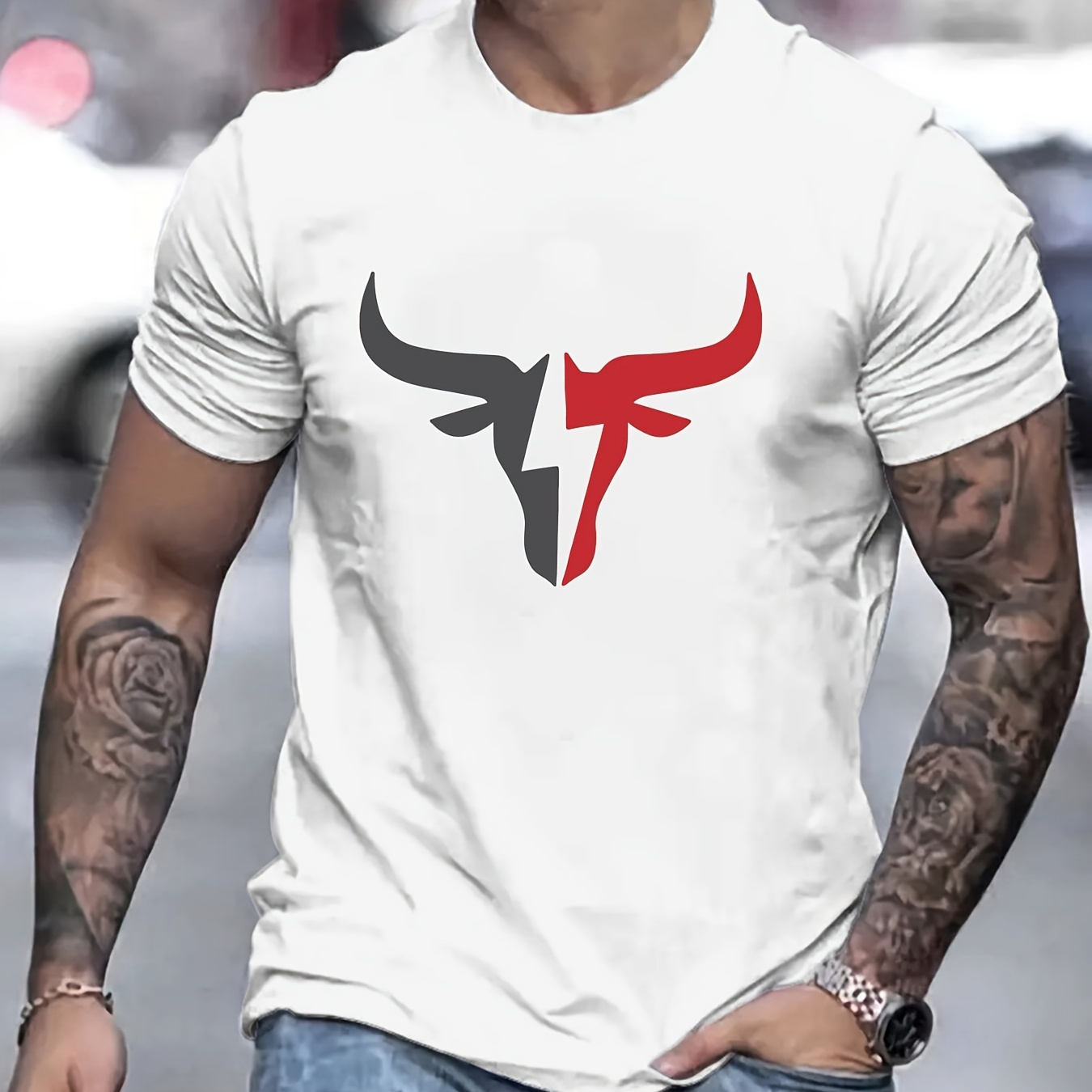 

Bull Head Print Men's Round Neck Short Sleeve Tee Fashion Regular Fit T-shirt Top For Spring Summer Holiday