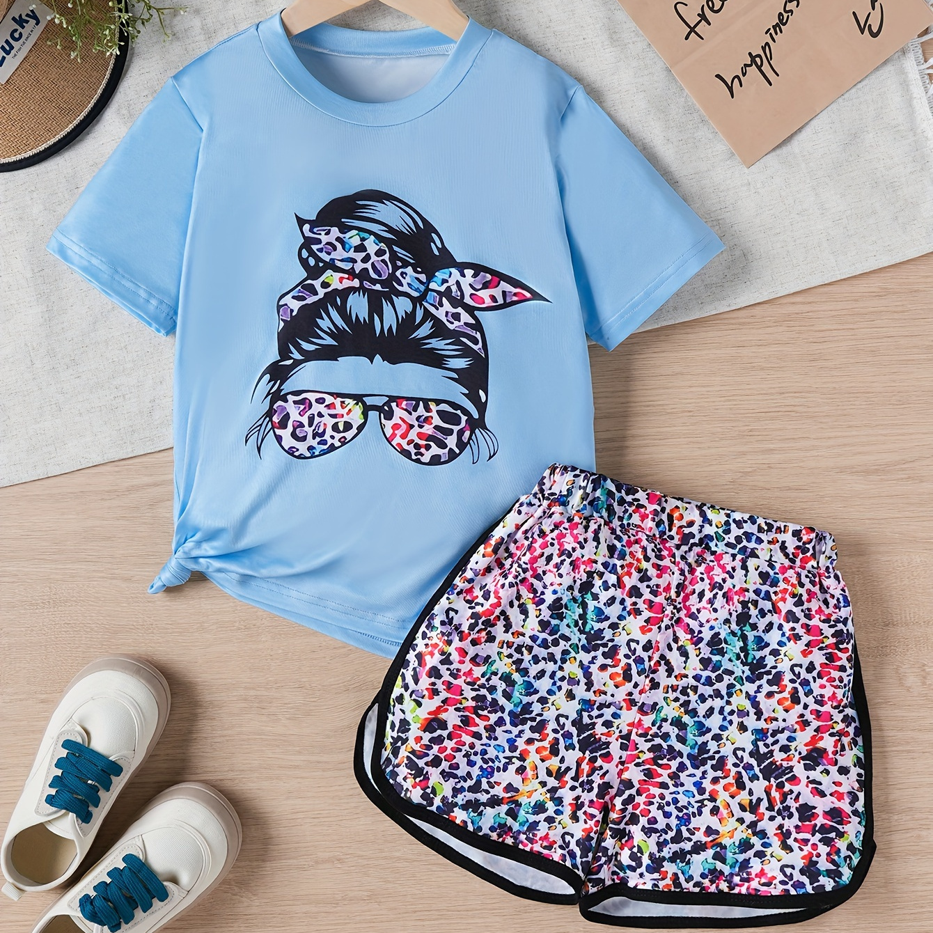 

Girl's Set, Portrait Graphic Tee Top + Leopard Sports Shorts 2-piece Casual Going Out Girls Summer Clothes