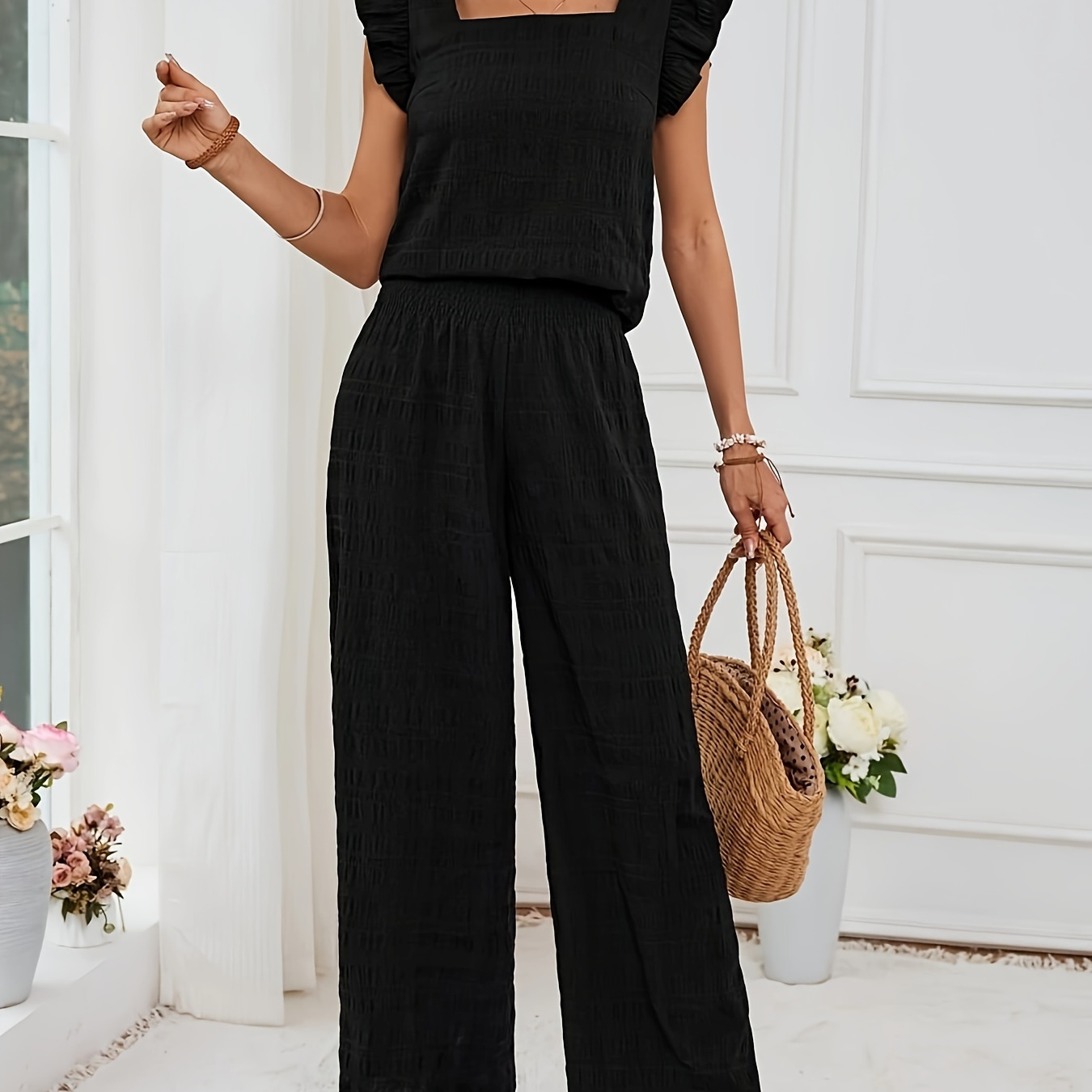 

Textured Elegant 2 Piece Set, Square Neck Flutter Sleeve Top & Wide Leg Pants Outfits, Women's Clothing