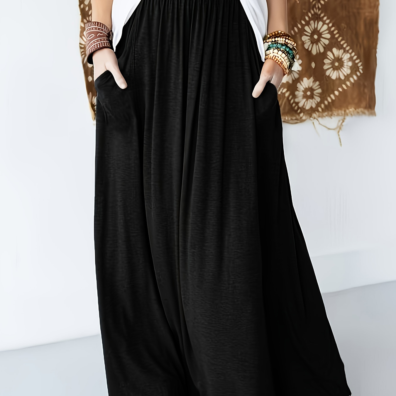 

Plus Size Solid Pocket Pleated Skirt, Casual High Waist Maxi Skirt, Women's Plus Size Clothing