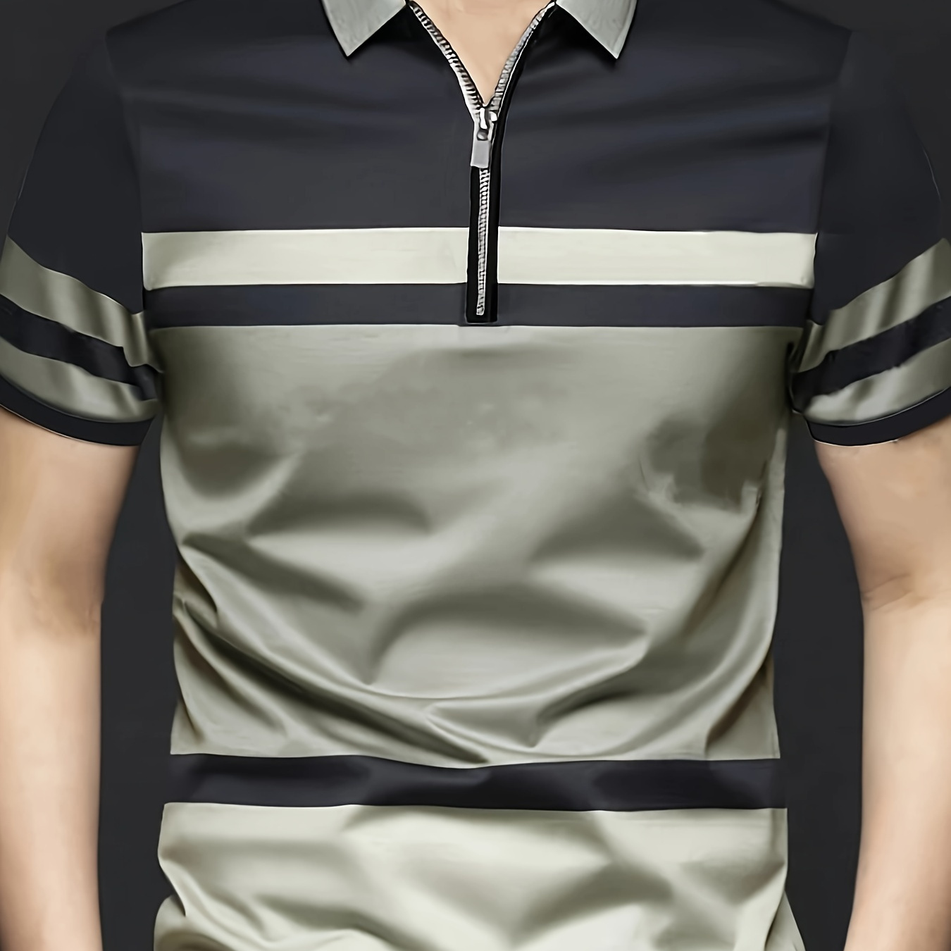 

Breathable Regular Fit Color Block Golf Lapel Shirt, Men's Casual V-neck T-shirt Short Sleeve For Summer, Men's Clothing
