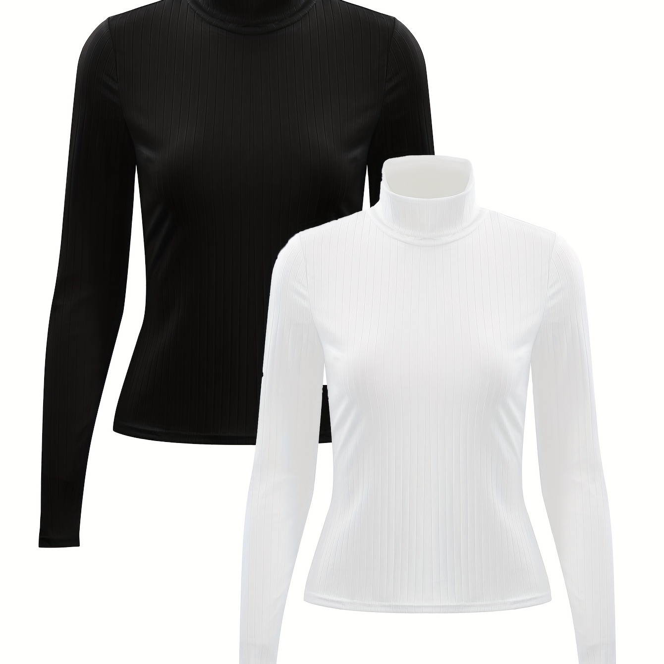 

2 Packs Ribbed Turtleneck T-shirts, Casual Long Sleeve Top For Spring & Fall, Women's Clothing