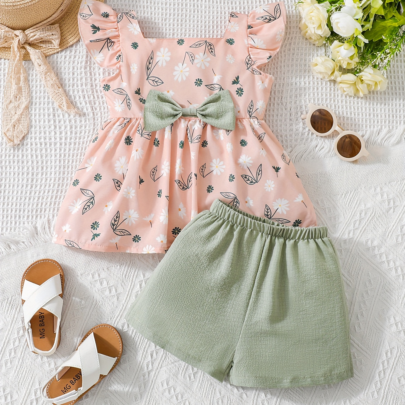 

Sweet Toddler Girls 2pcs, Flower Graphic Bow Decor Sleeveless Top + Shorts Set Summer Clothes Party Gift