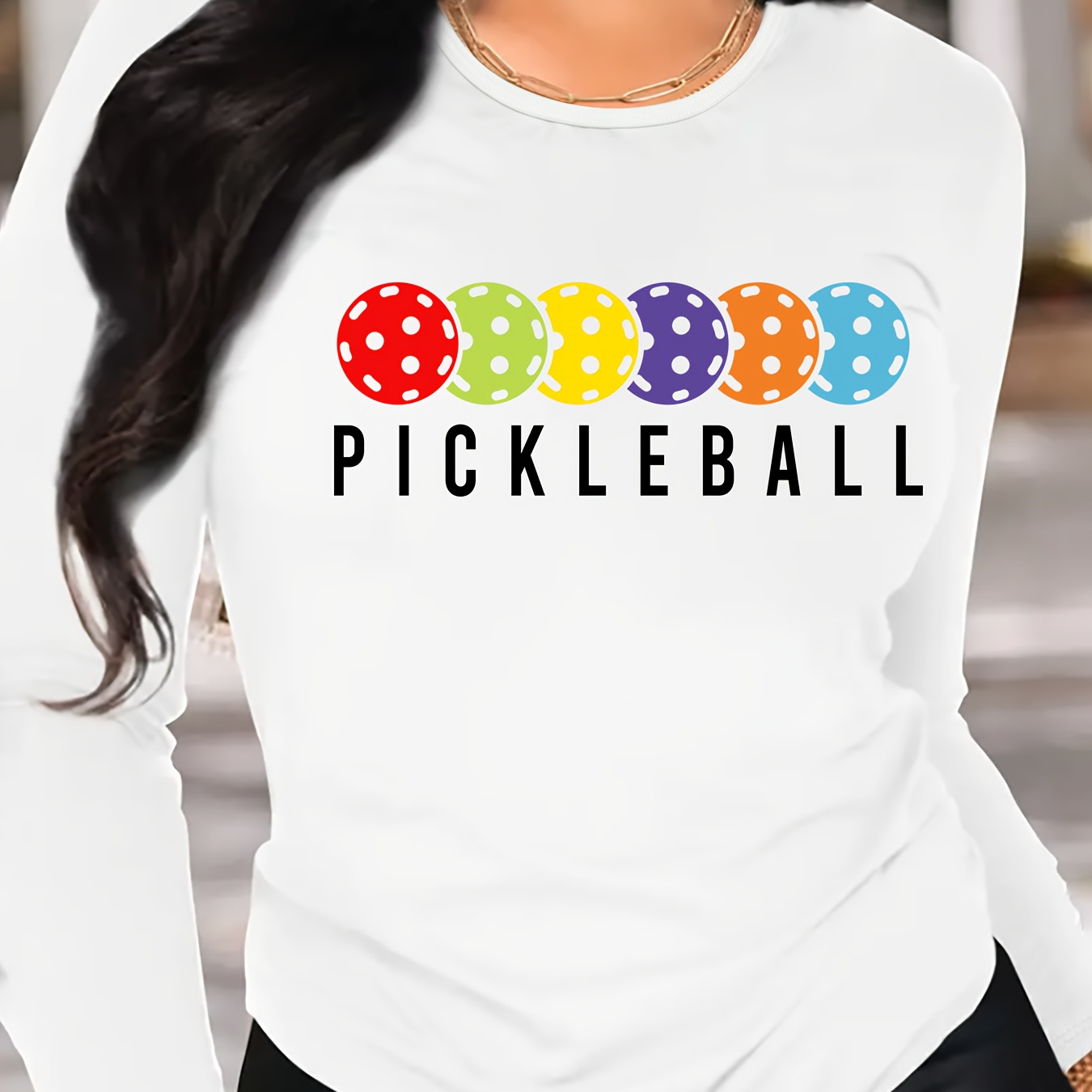 

Women's Pickleball Long Sleeve T-shirt - 100% Polyester Crew Neck Casual Top With Cartoon Pattern And Medium Stretch