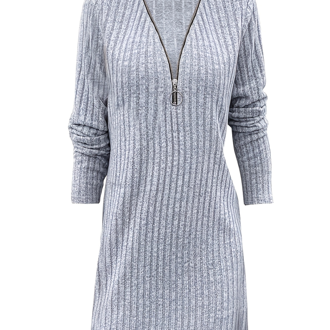 

1pc Women's Polyester Ribbed Knit Dress - 95% Polyester 5% Elastane, Fitted Solid Color, Deep V-neck, Long Sleeve, Fall/winter Season, Adult Casual Wear