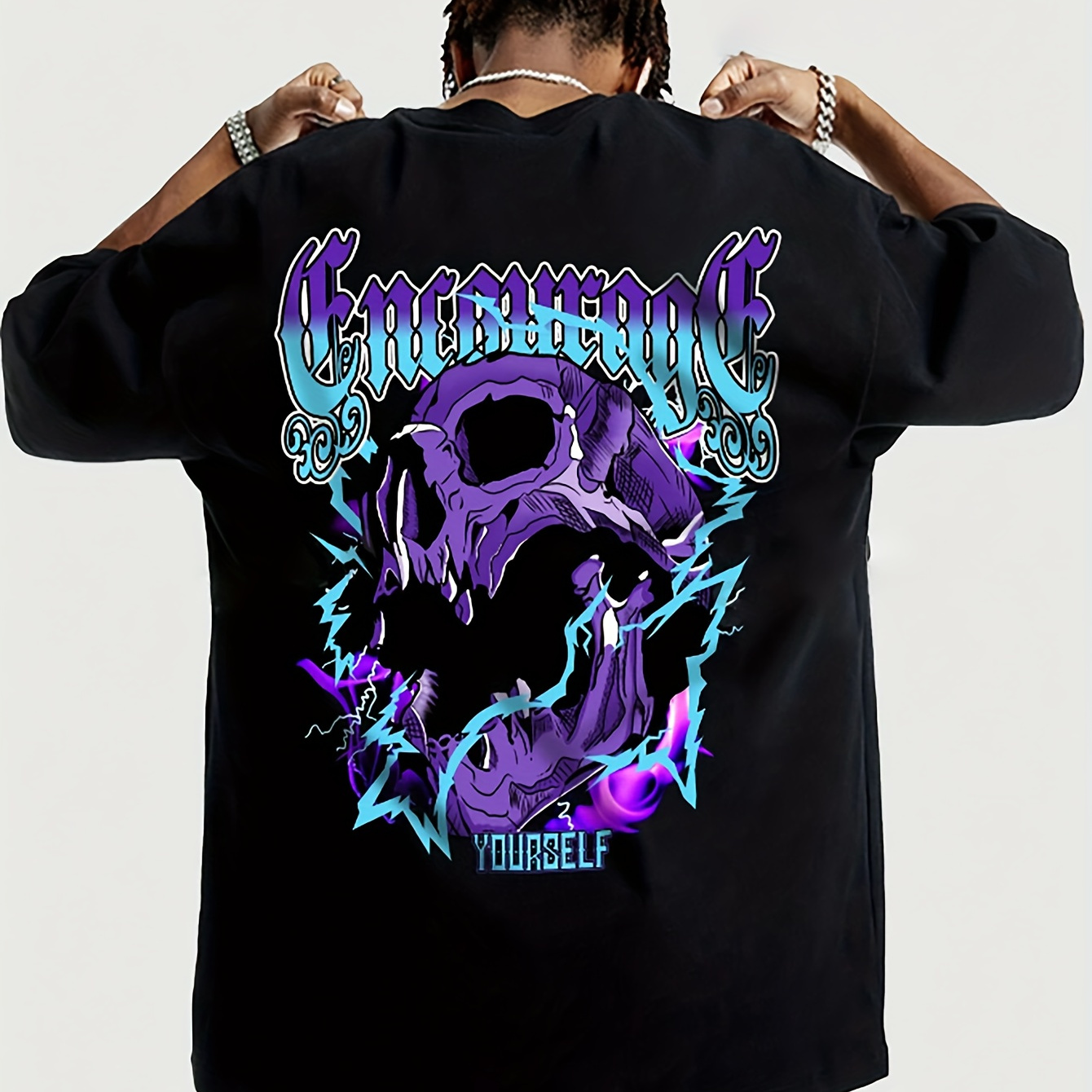 

Men's Edgy Purple Skull Graphic Tee - "" Dual-sided Print, Casual Round Neck Short Sleeve T-shirt, Breathable Polyester, Machine Washable, Skull T Shirt