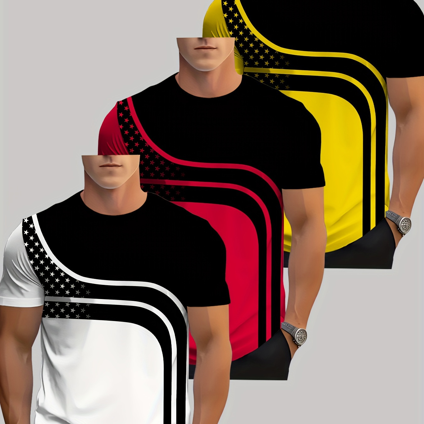 

3pcs Men's Color Blocking Stripes Print Short Sleeve Crew Neck T-shirts, Casual Stylish Tee As Gift