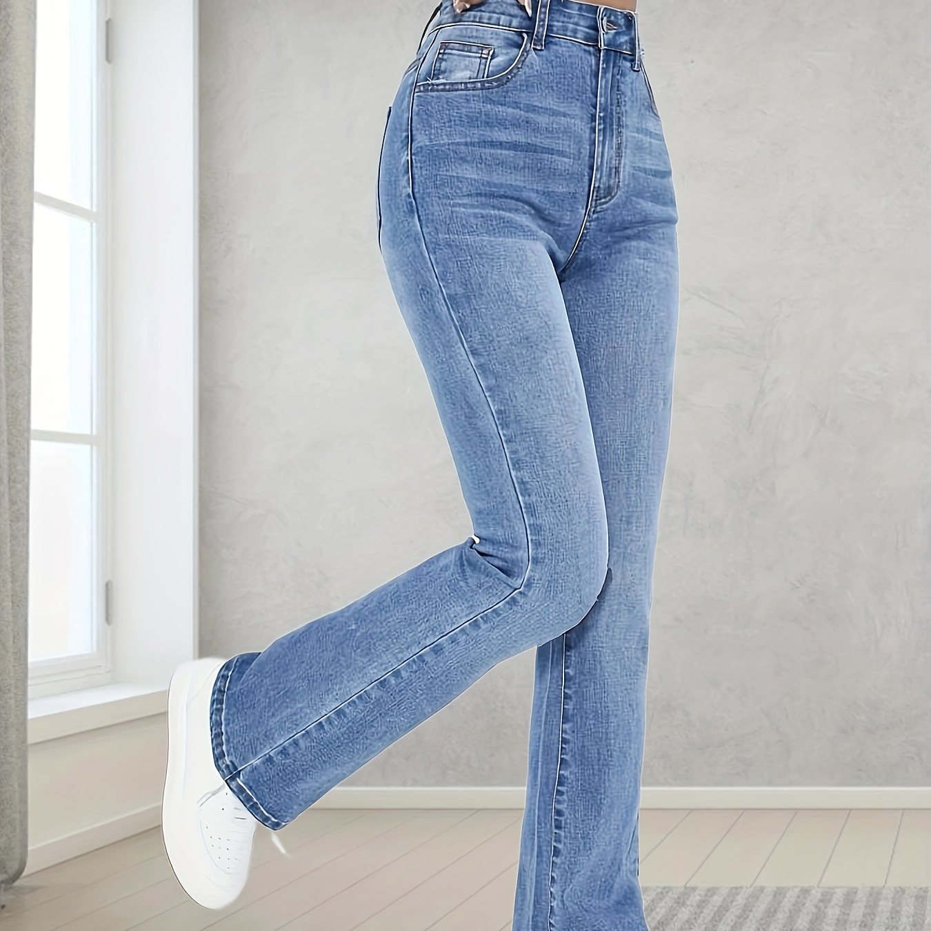 

Plain Washed Blue Flare Leg Jeans, High Stretch Slant Pockets Bell Bottom Denim Pants, Women's Denim Jeans & Clothing