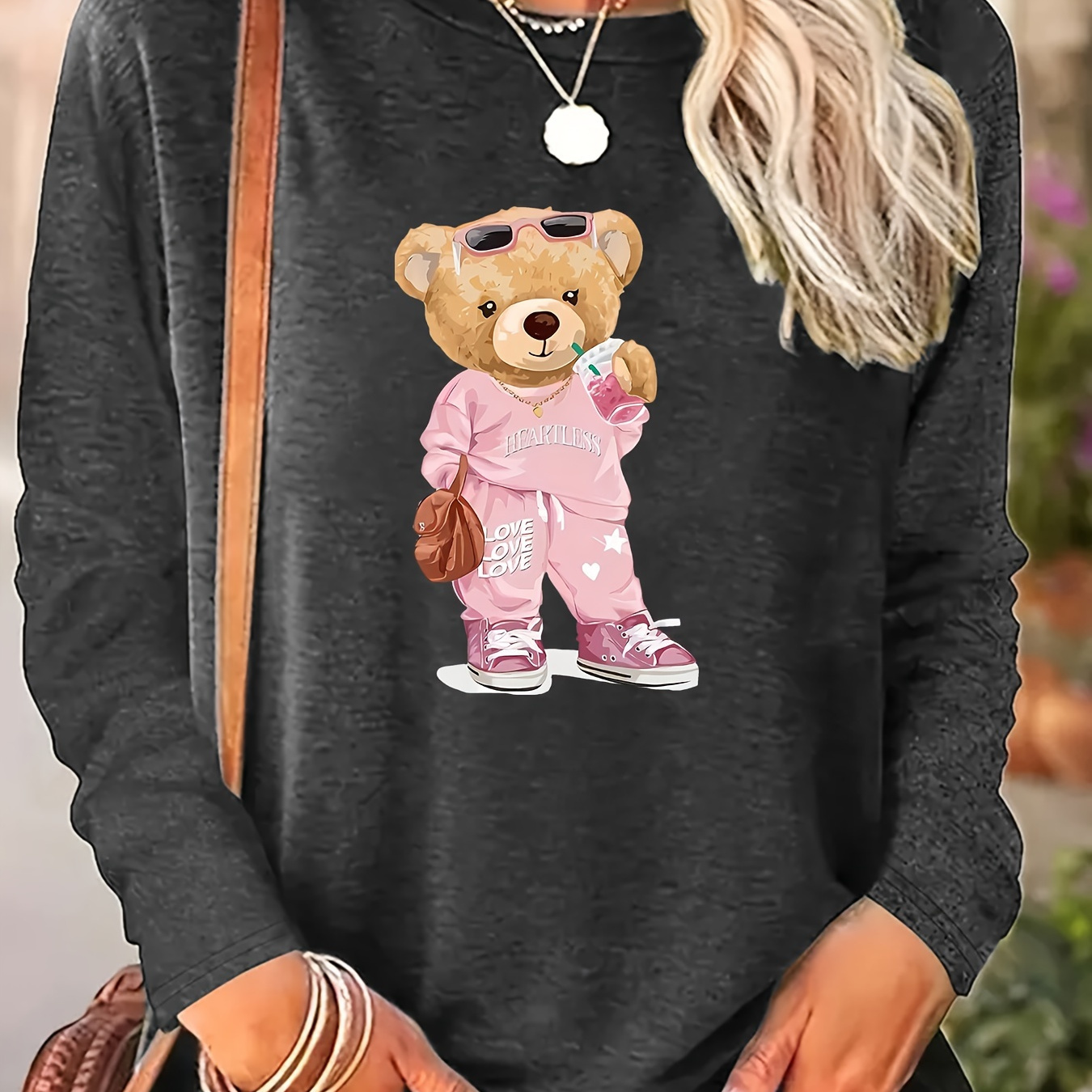 

Bear Print Crew Neck T-shirt, Casual Long Sleeve T-shirt For Spring & Fall, Women's Clothing