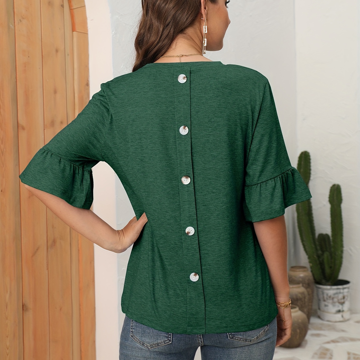 

Button Back Solid T-shirt, Casual Crew Neck Half Sleeve T-shirt, Women's Clothing