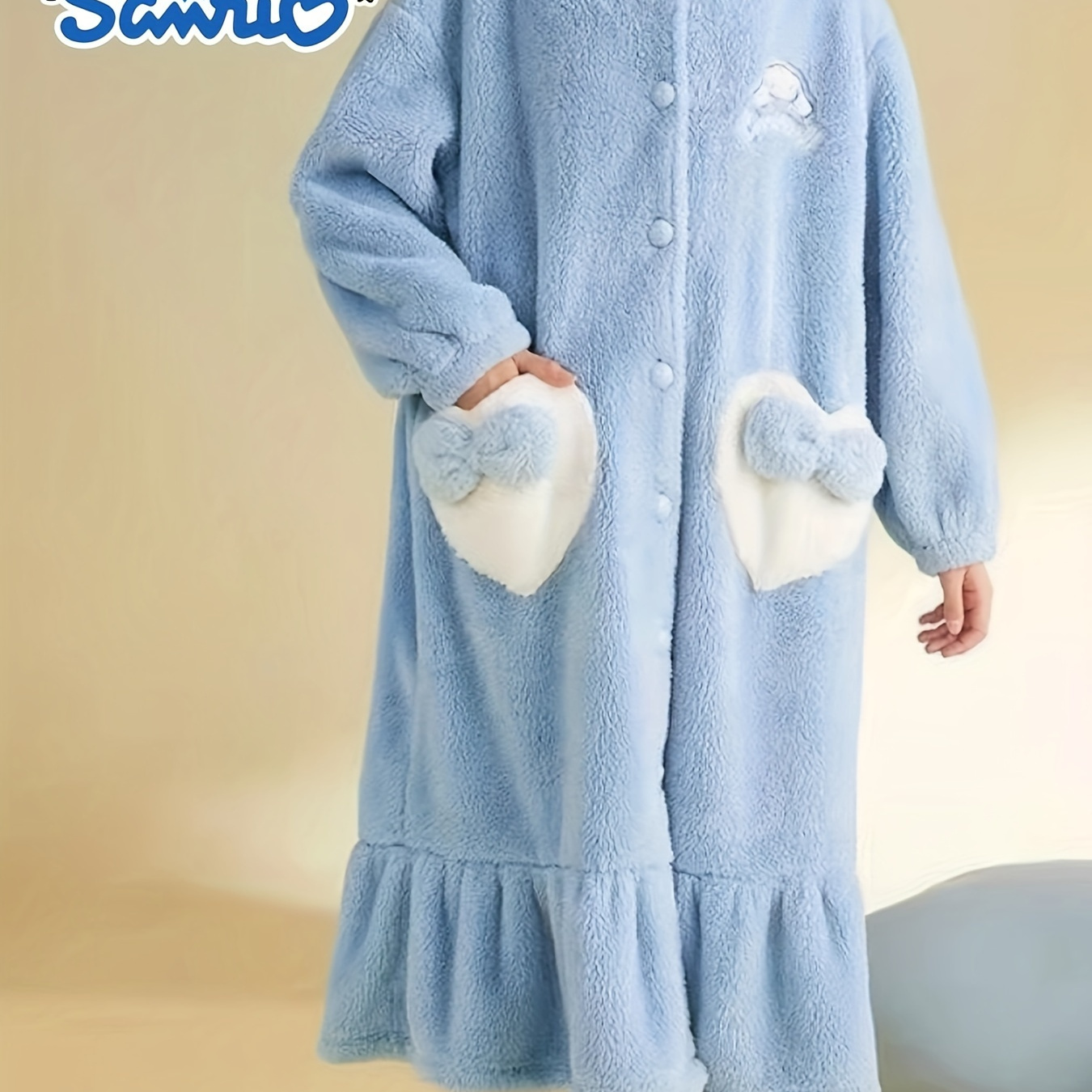 

1 Piece Sanrio Hello Kitty Cinnamoroll Women's Cute Cartoon Long Nightgown Warm Plush Pajamas Novelty Cartoon Home Clothes With Hood Ears Autumn And Winter Comfortable Nightgown Does Not Pants