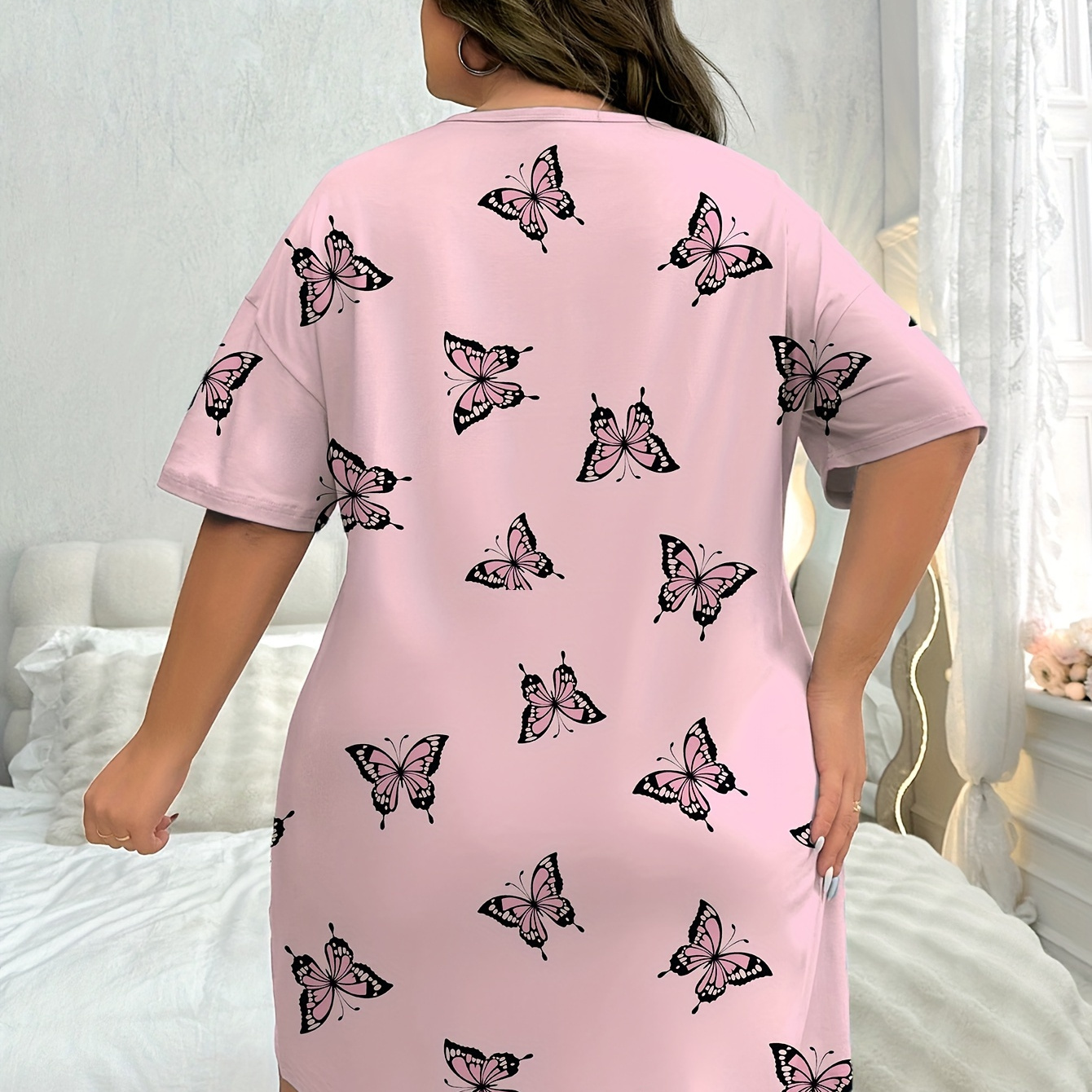 

Women's Casual Nightdress, Plus Size Butterfly Print Short Sleeve Round Neck Sleep Dress