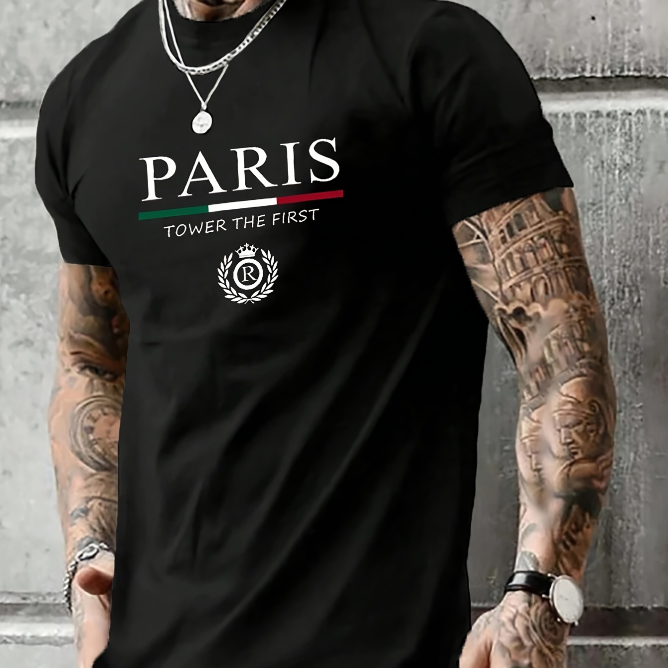 

Paris Tower The First Print, Men's Casual Round Neck Short Sleeve Outdoor T-shirt, Comfy Fit Top For Summer Wear