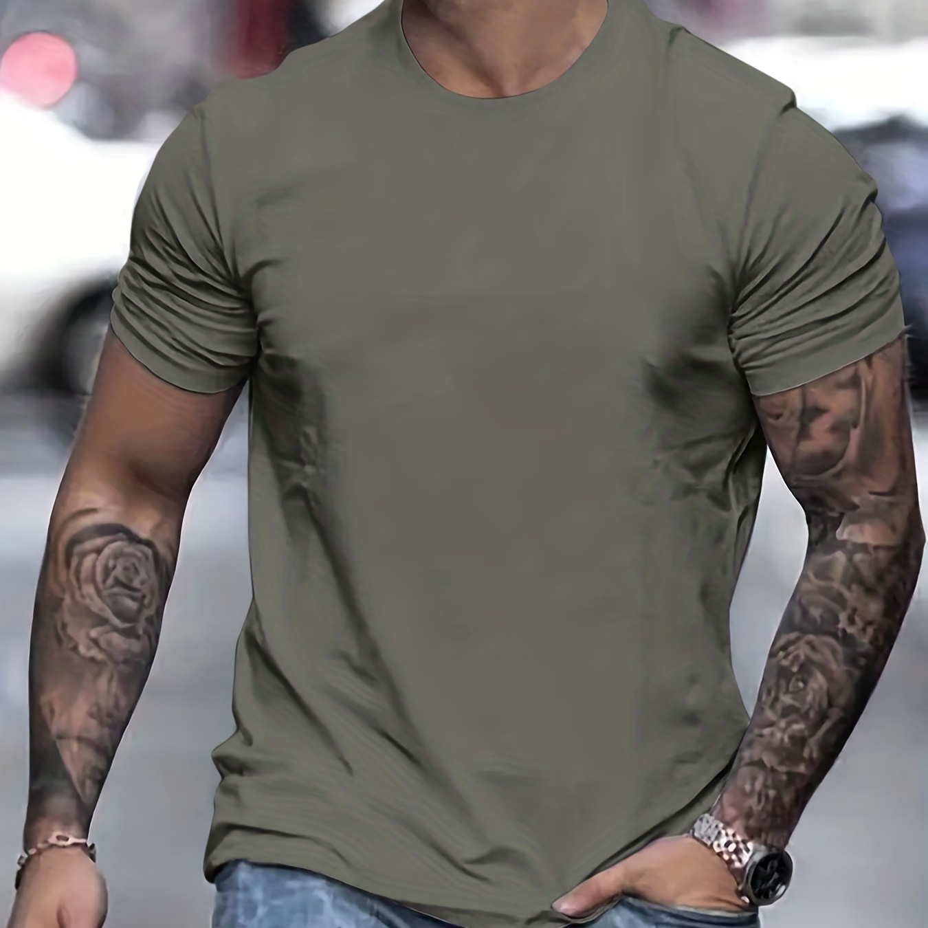 

Men's Vintage Solid Color Creative Top, Casual Slightly Stretch Short Sleeve Crew Neck T-shirt, Men's Tee For Summer Outdoor