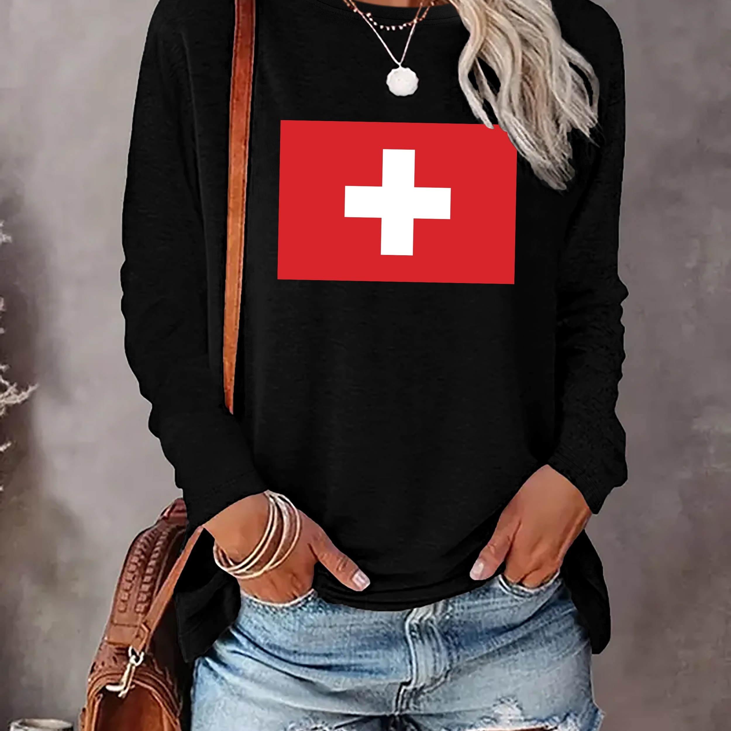 

Switzerland Print T-shirt, Long Sleeve Crew Neck Casual Top For Spring & Fall, Women's Clothing