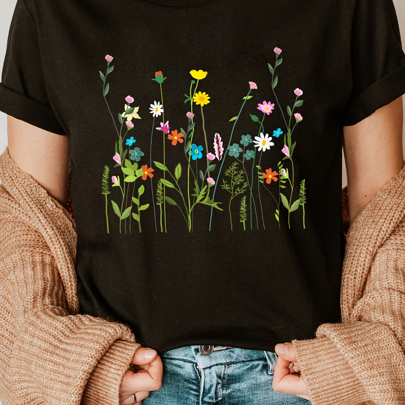 

Floral Print Crew Neck T-shirt, Short Sleeve Casual Top For Summer & Spring, Women's Clothing