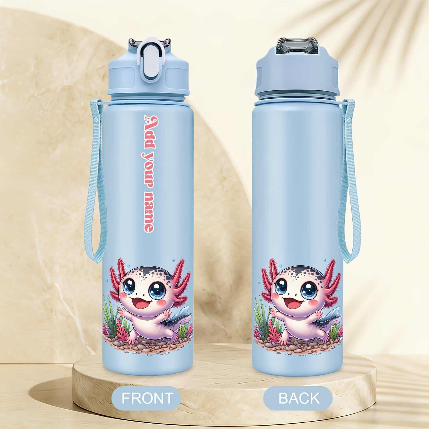 TEMU 1pc Custom Name Option 740ml Water Bottle Cute Axolotl Cartoon Pattern 25oz Capacity Leak-proof Perfect As A Motivational Gift Suitable For Gym