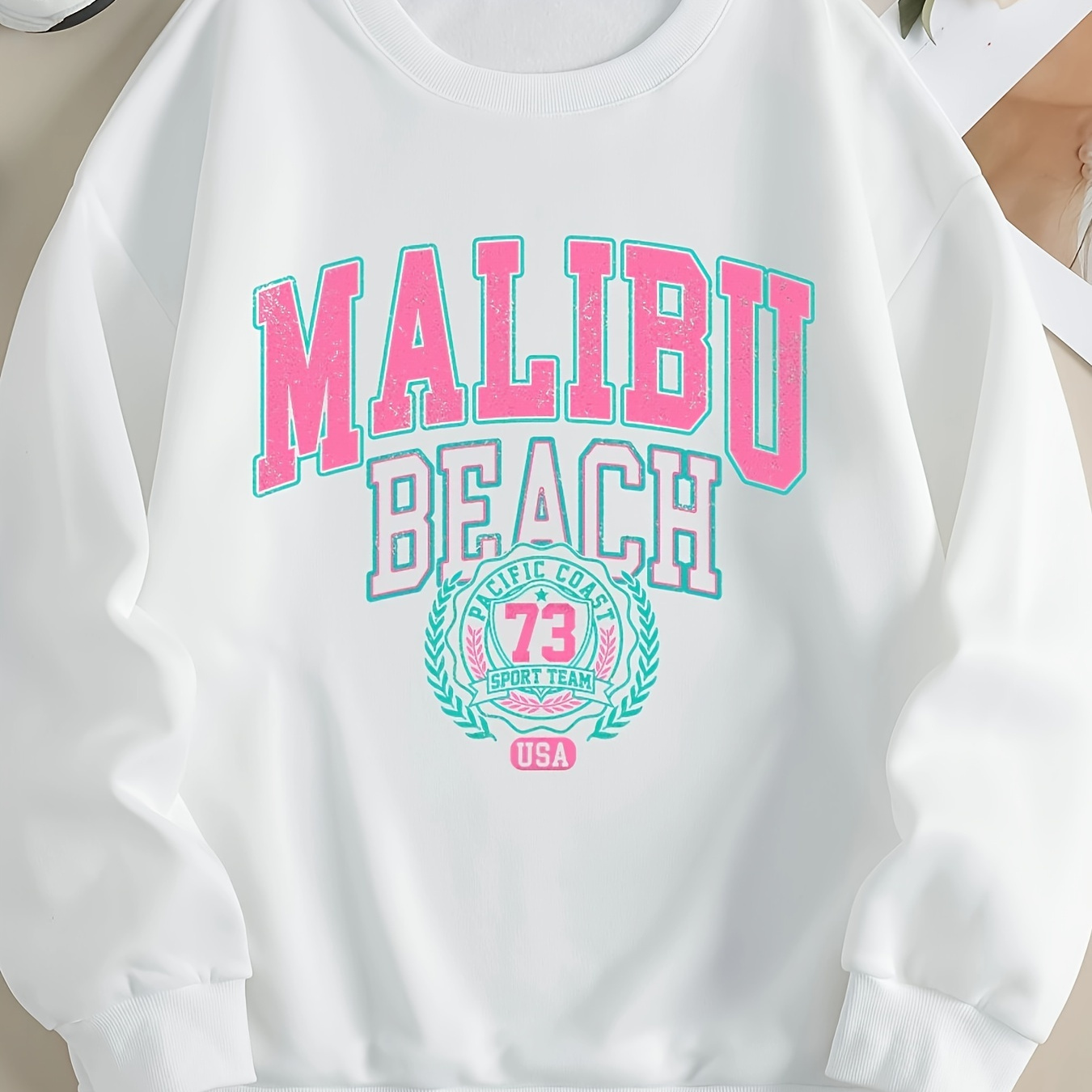 

Women's Malibu Beach 73 Usa Letter Print Sweatshirt, Casual Crew Neck Knit Polyester Sweatshirt For All , 250gsm Lightweight Winter & Fall Fashion Top